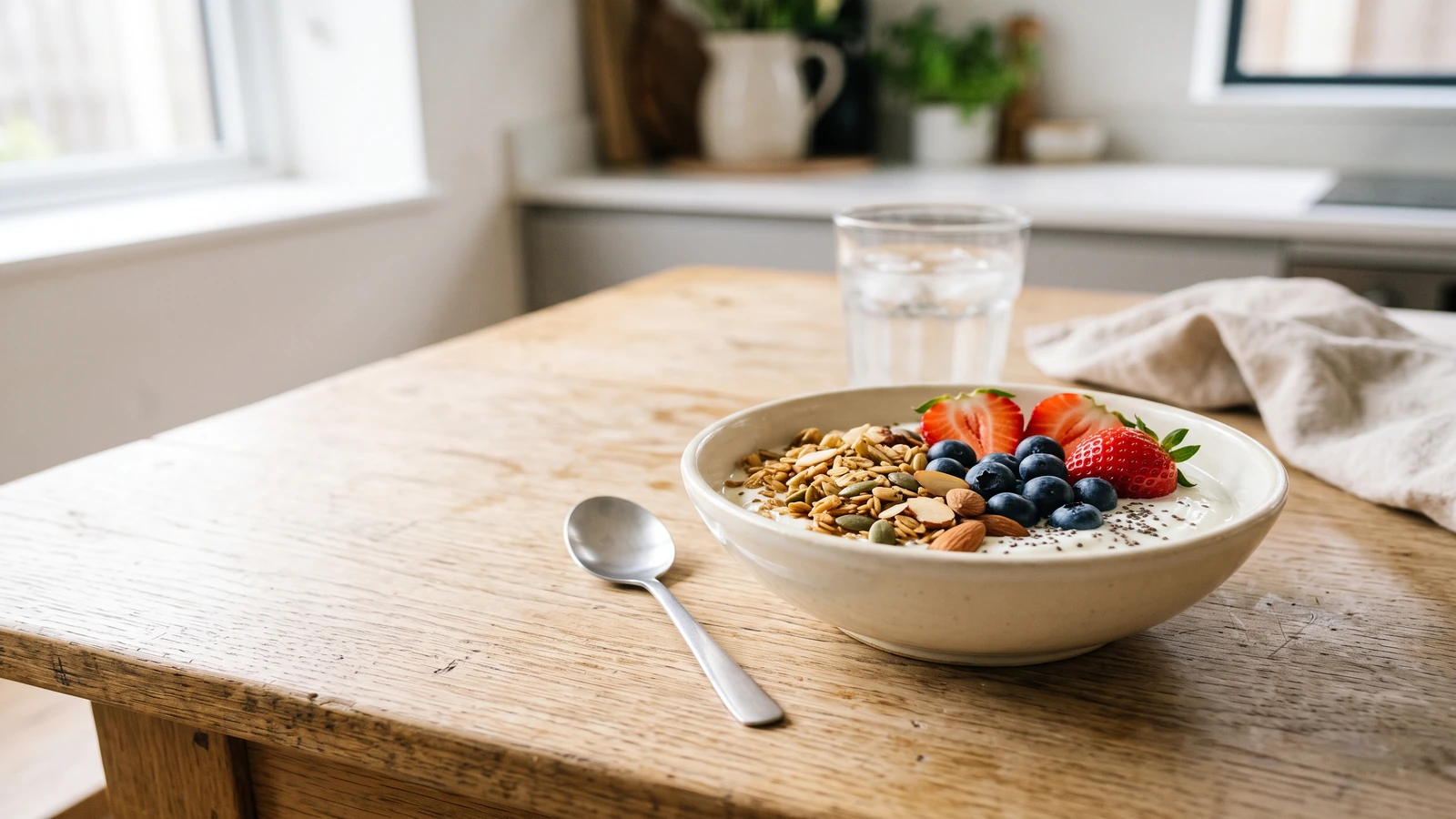 Bowl de yogur griego con fresas, arándanos, granola y frutos secos — una merienda saludable y práctica