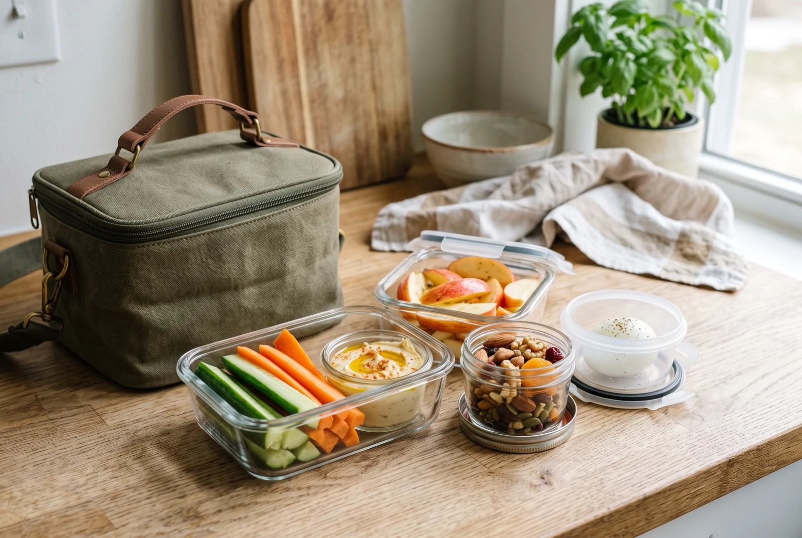 Meriendas prácticas para llevar al trabajo: frutos secos, manzana, bastones de vegetales con hummus y huevo duro