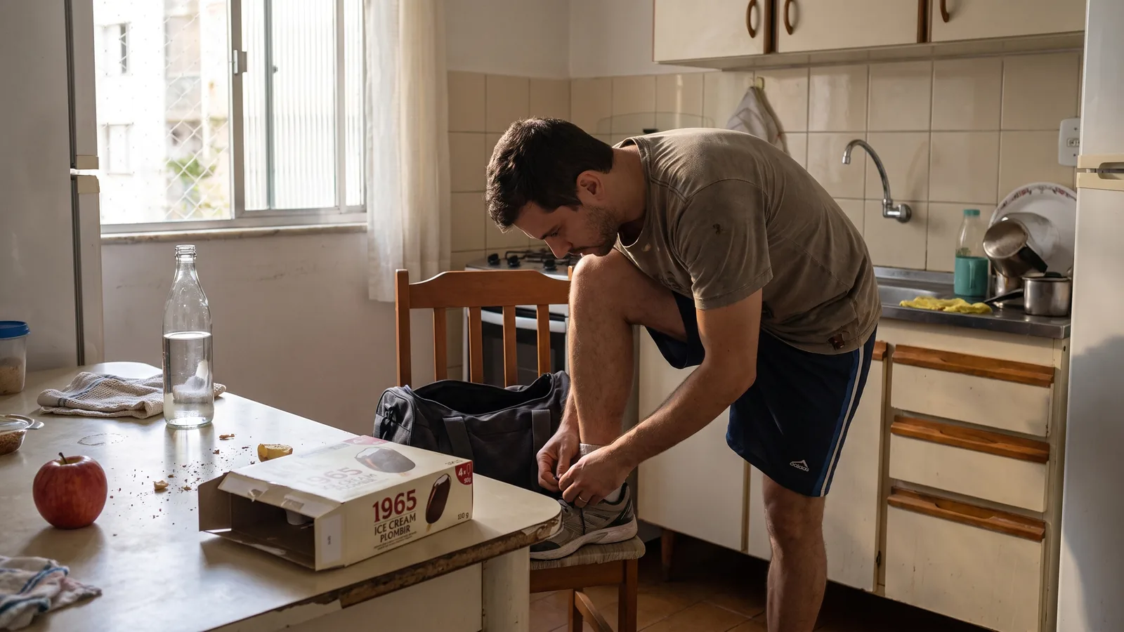 Hombre brasileño preparándose para un entrenamiento ligero con una manzana y una botella de agua