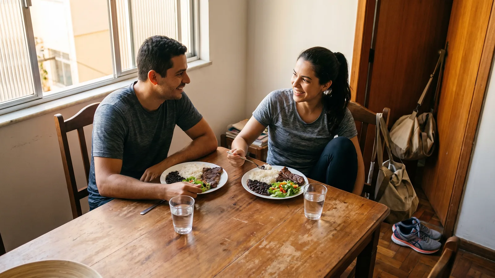 Pareja brasileña comiendo una comida completa después del entrenamiento