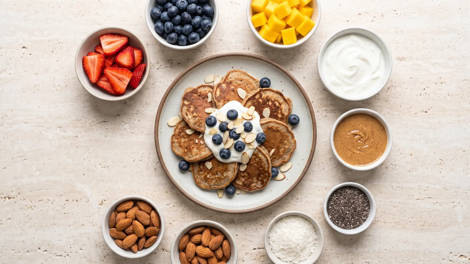 Panqueques saludables de banana con frutas, yogur, nueces y semillas como opciones de topping