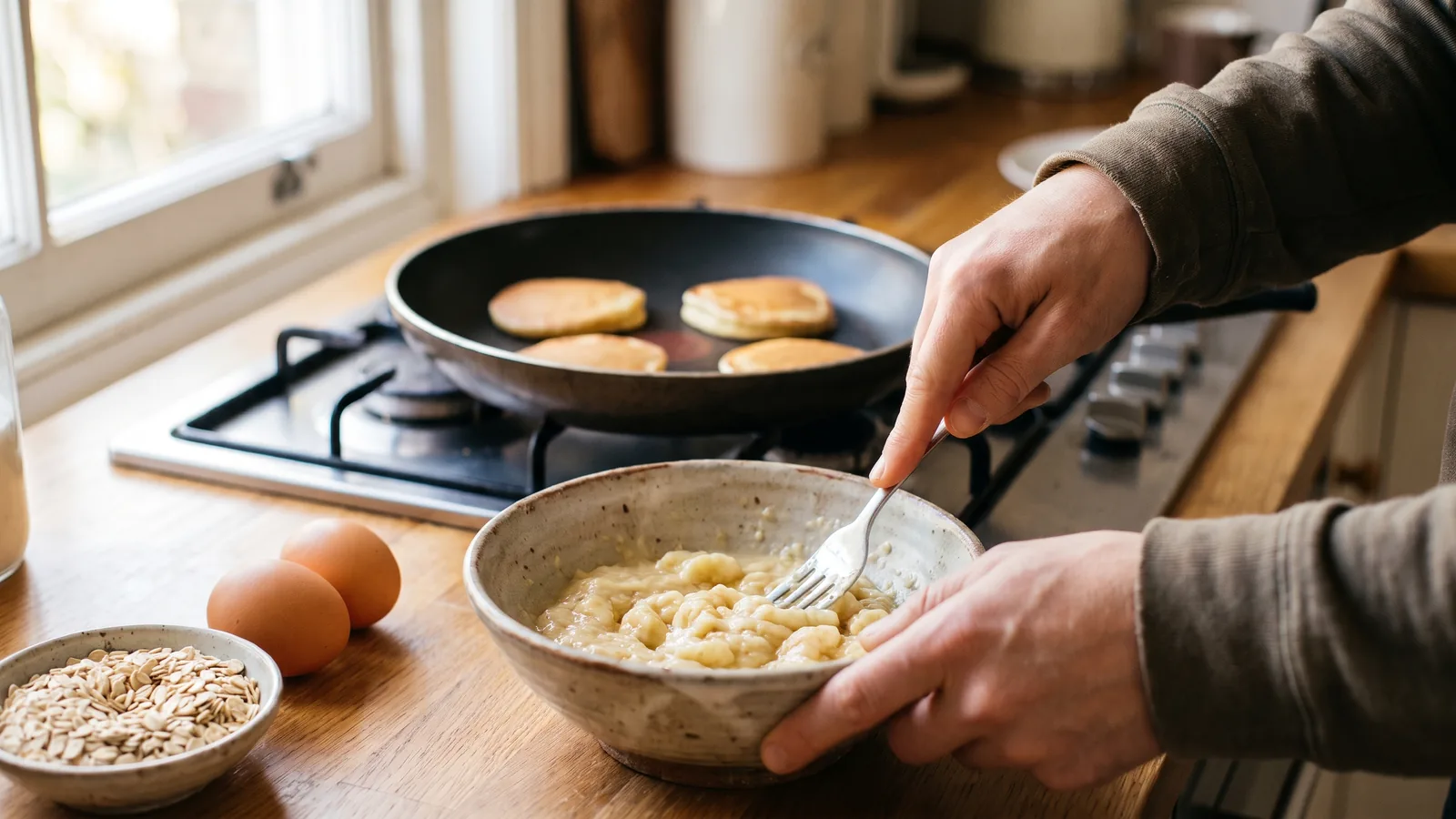 Preparación de panqueques fitness de banana con huevos y avena en una cocina casera