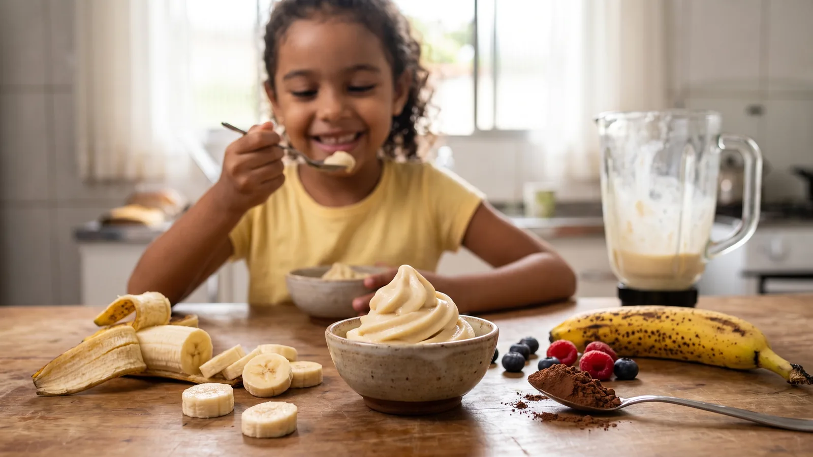 Crema helada de banana hecha con banana congelada y sin azúcar añadida