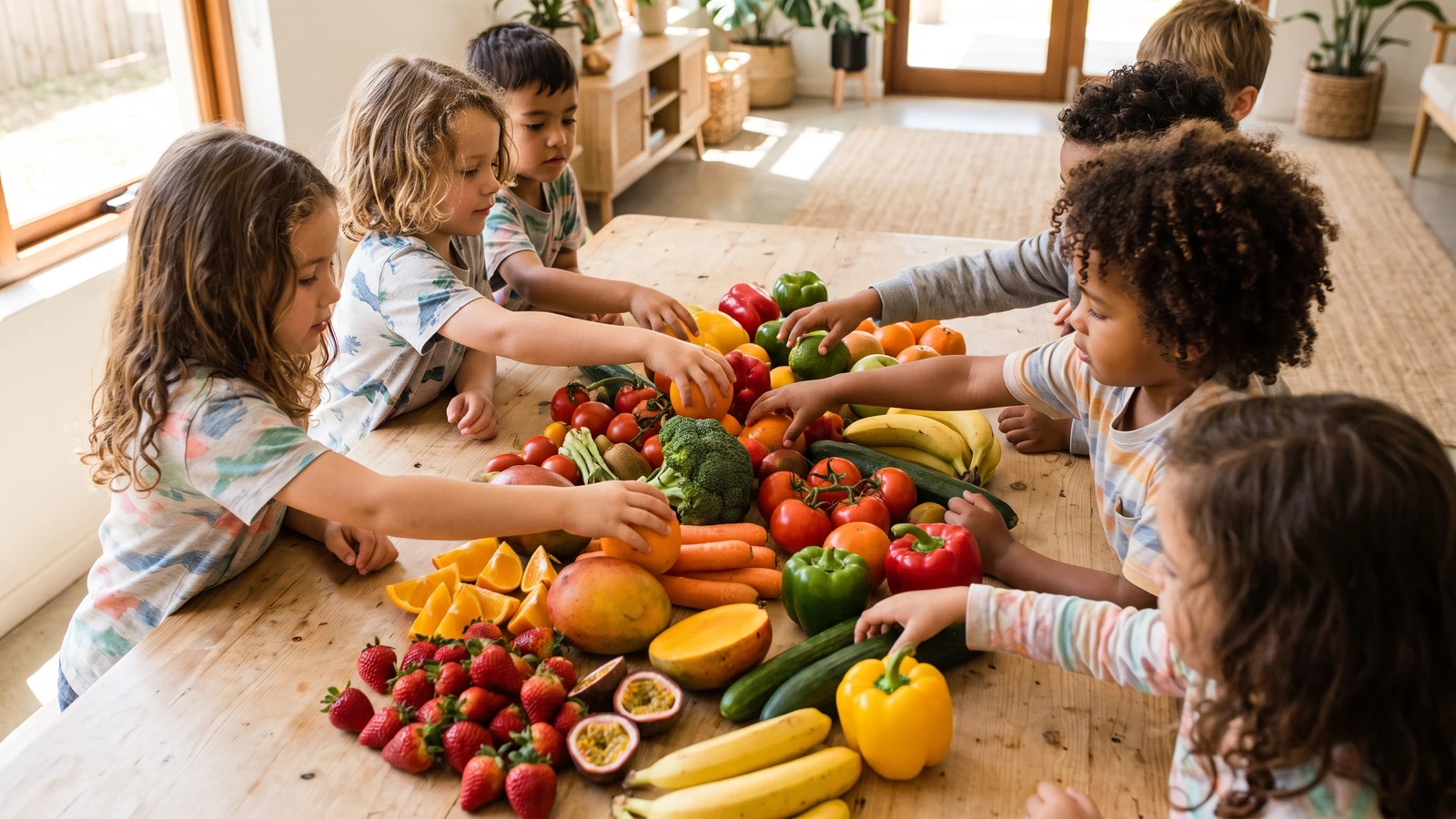 Niños explorando frutas y vegetales coloridos sobre una mesa clara.