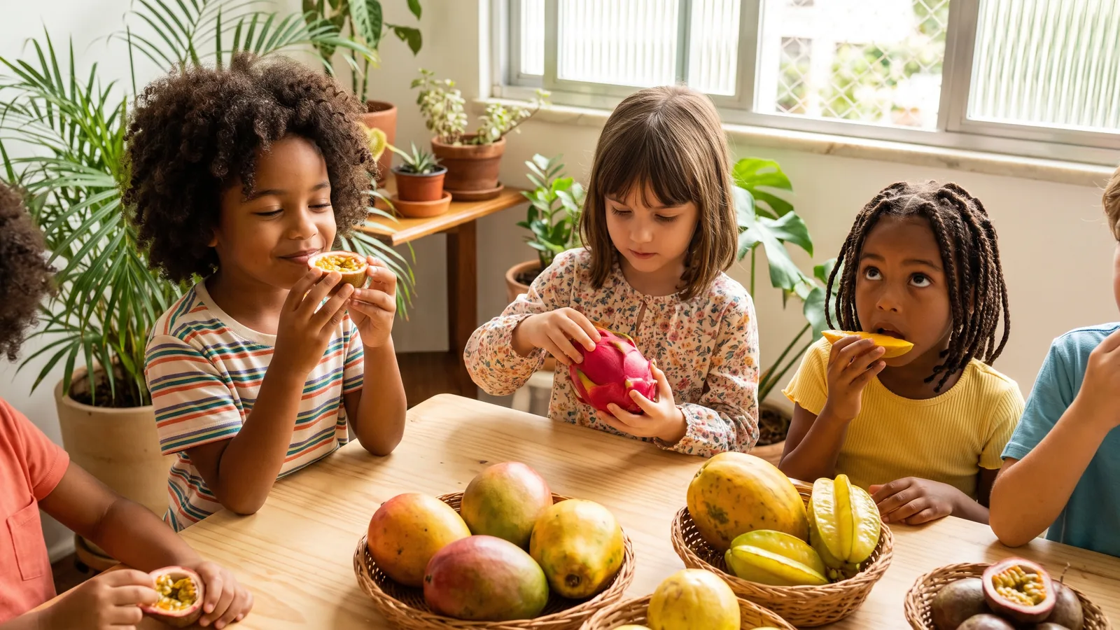 Niños descubriendo mango, maracuyá, papaya y otras frutas tropicales.