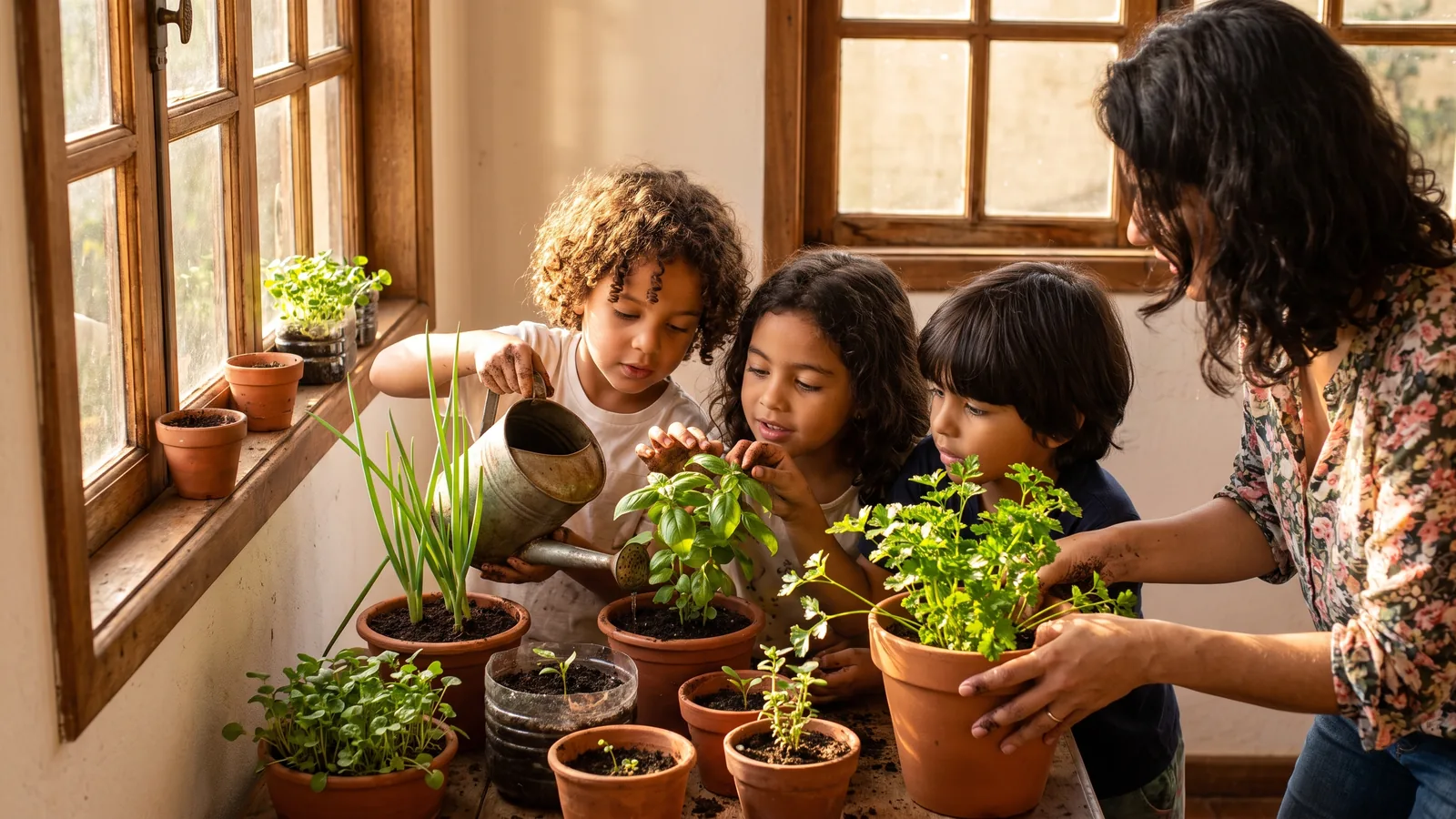 Niños regando hierbas y verduras cultivadas en materos pequeños.