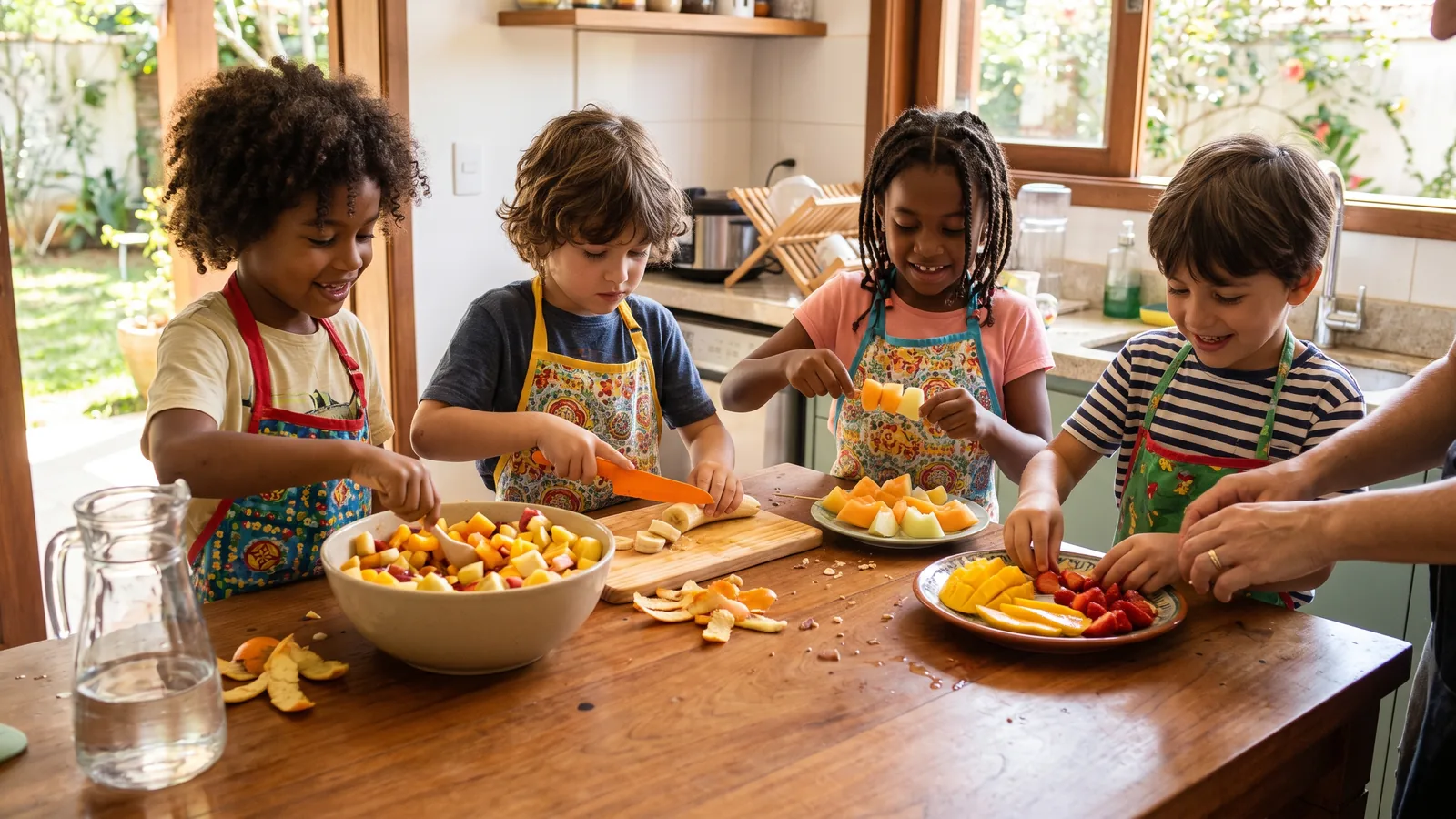 Niños con delantal preparando frutas juntos en un taller de cocina.