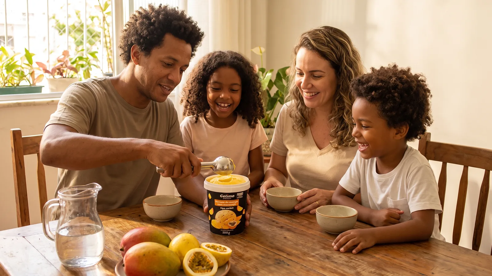 Familia repartiendo un envase de sorbet Gelimo de mango con maracuyá en porciones pequeñas.