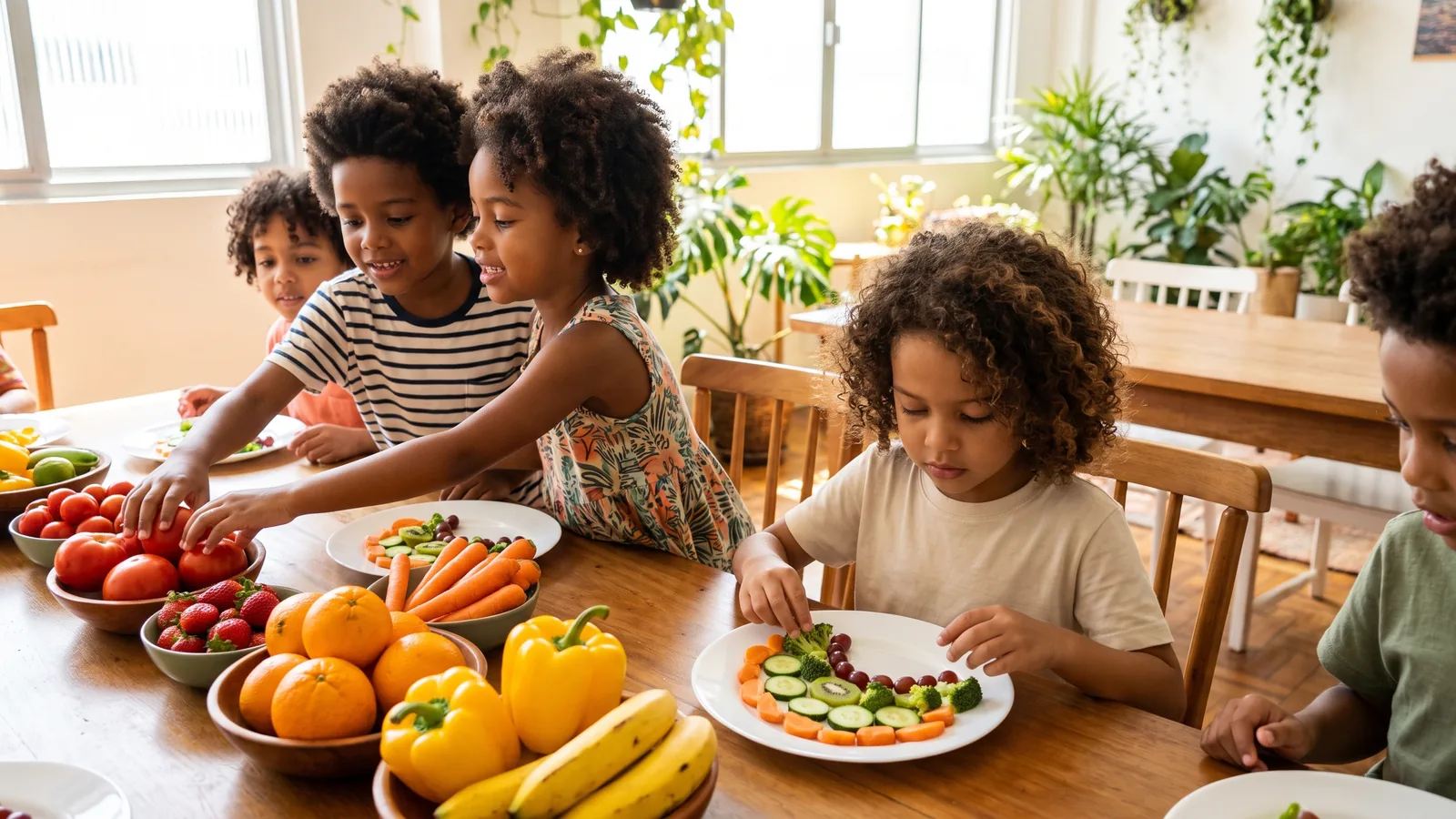 Niños armando platos coloridos con frutas y vegetales de varios colores.
