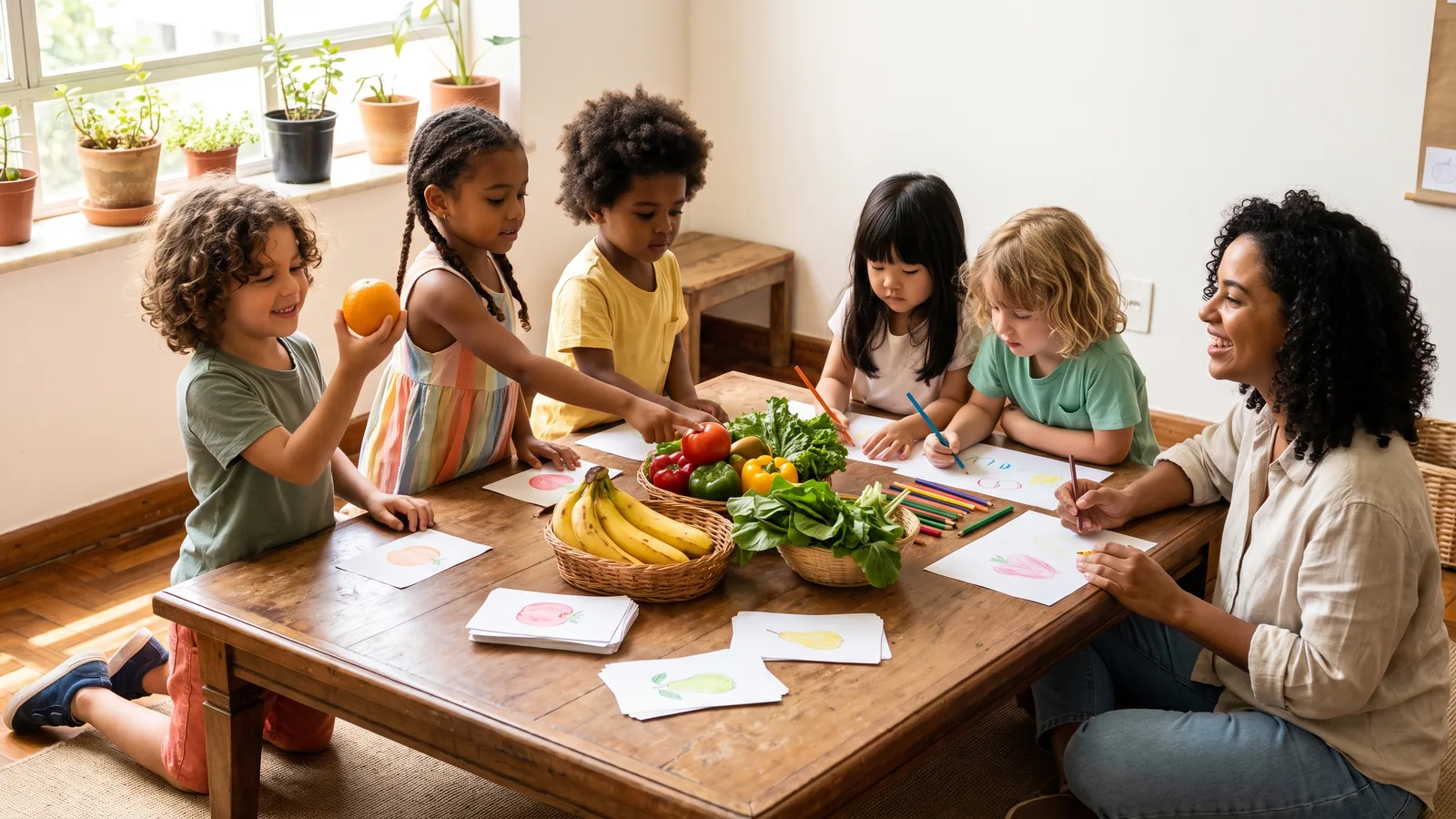 Niños participando de un proyecto sobre alimentación saludable junto a una educadora.