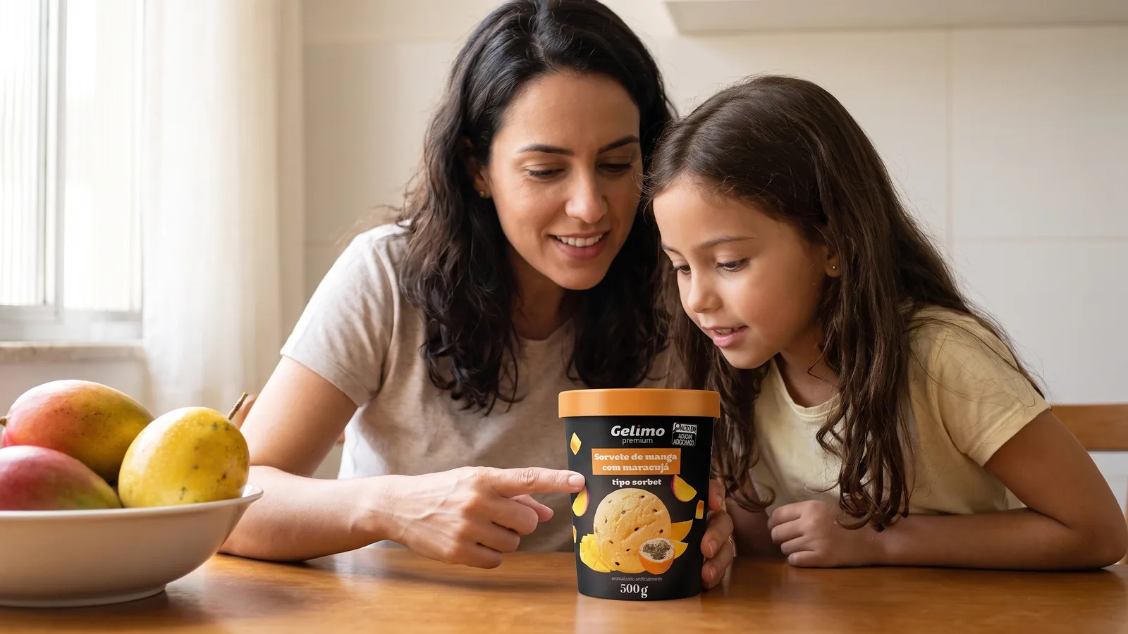 Mamá e hija mirando juntas la etiqueta de un sorbet Gelimo en la cocina.