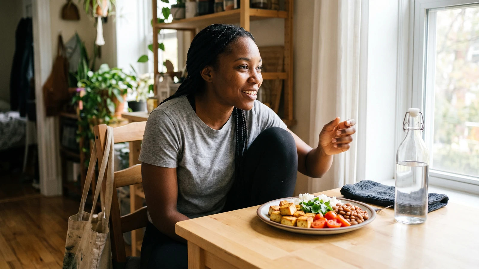 Mujer negra con una comida post-entreno equilibrada con tofu, arroz, frijoles y vegetales para ayudar en la recuperación después del ejercicio