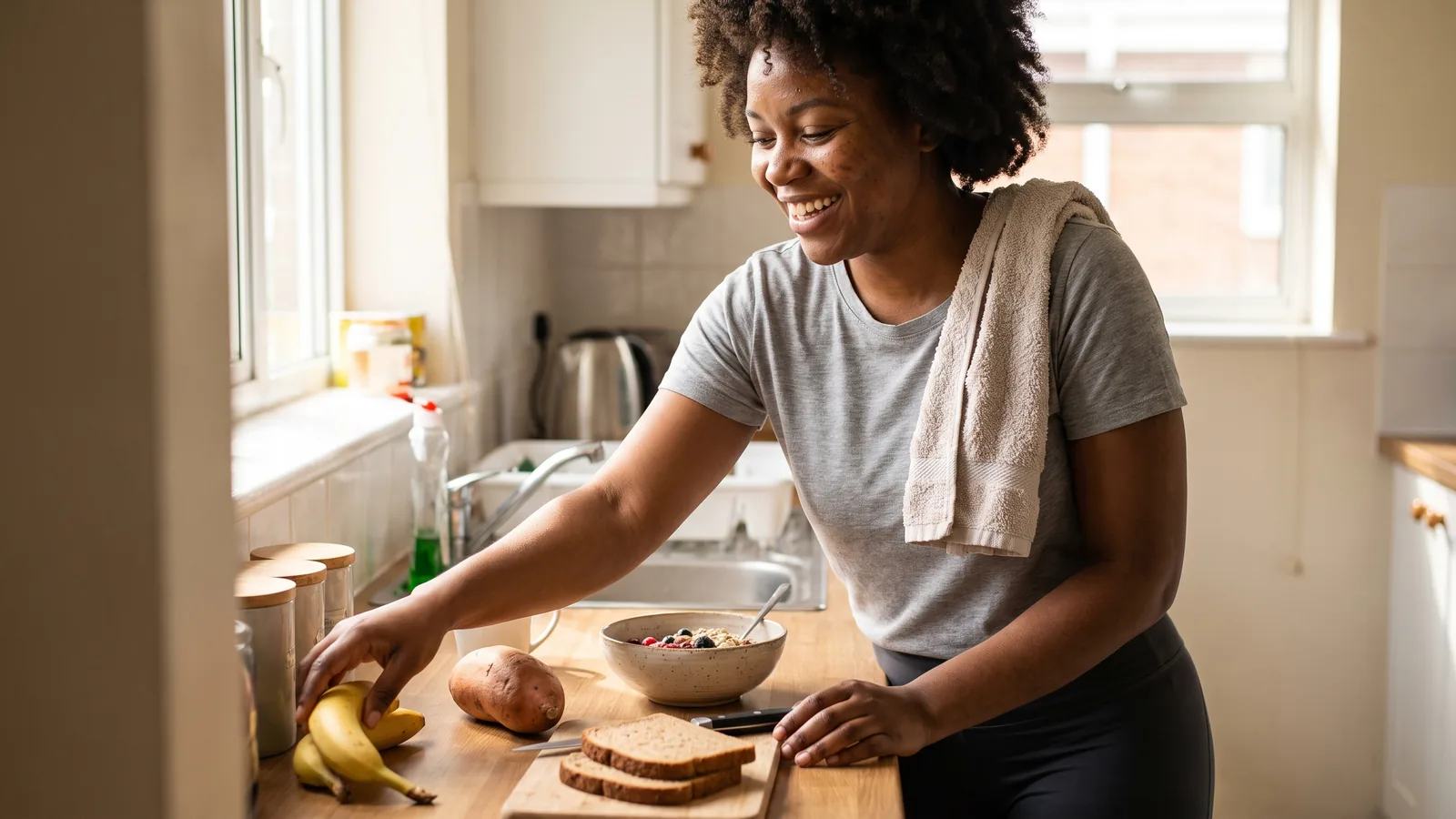Mujer negra eligiendo guineo, avena y frutas como fuentes de carbohidratos después del entreno