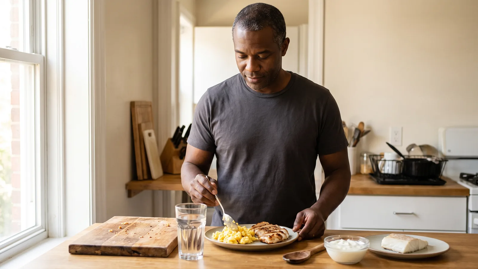 Hombre negro preparando alimentos ricos en proteínas para ayudar en la recuperación muscular después del entreno