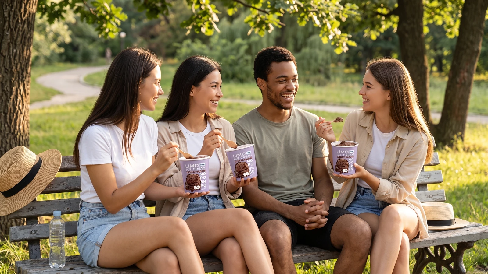 Amigos compartiendo un helado Gelimo al aire libre después de una caminata tranquila.
