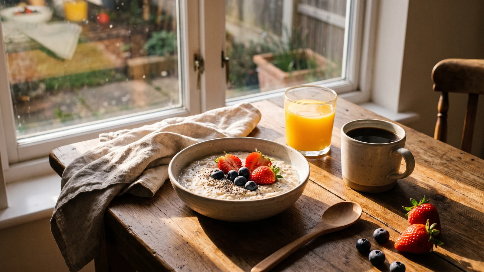 Desayuno fitness con avena, frutas frescas y semillas de chía