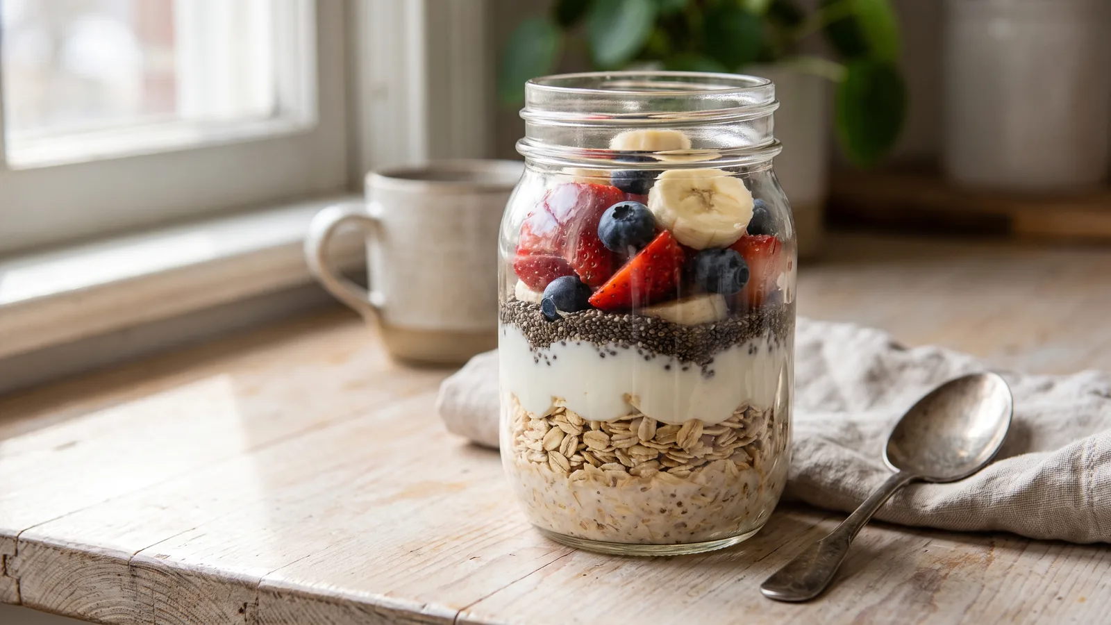 Avena overnight con chía, fresas, arándanos y banana en un frasco de vidrio