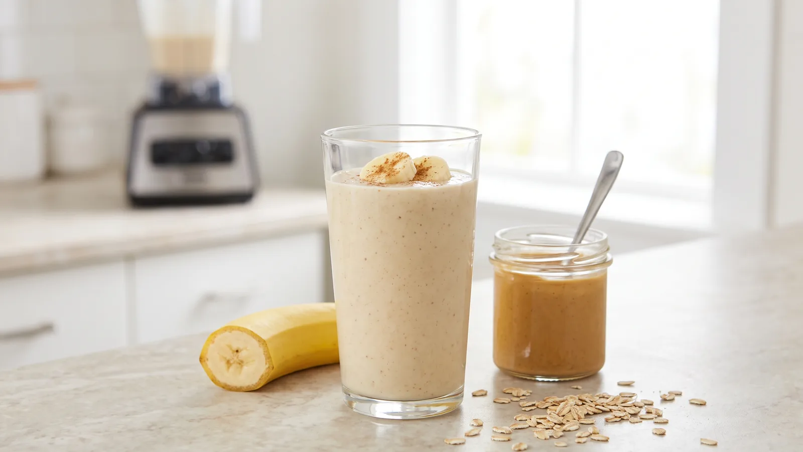 Batido proteico de banana con mantequilla de maní y avena
