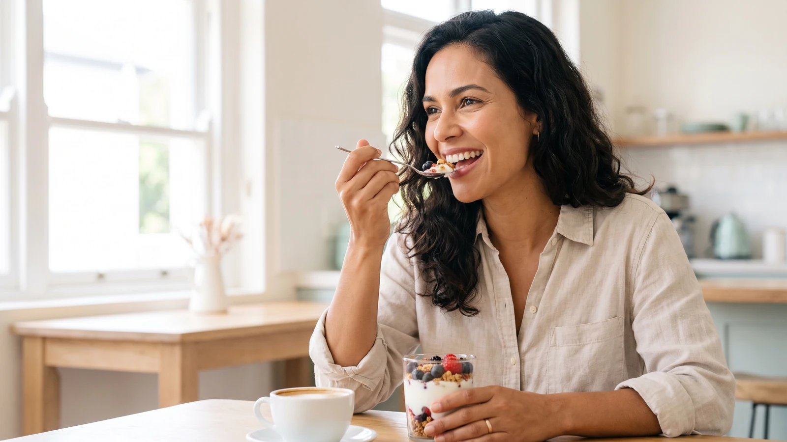 Mujer brasileña con un postre saludable de yogur, frutos rojos y granola