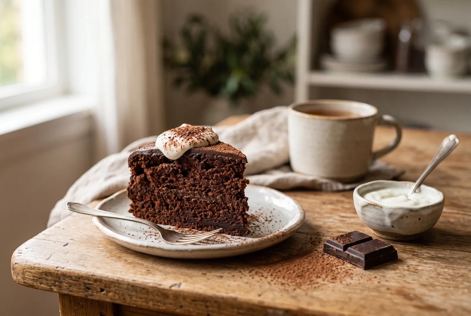 Porción de queque de chocolate fitness con cacao y textura húmeda