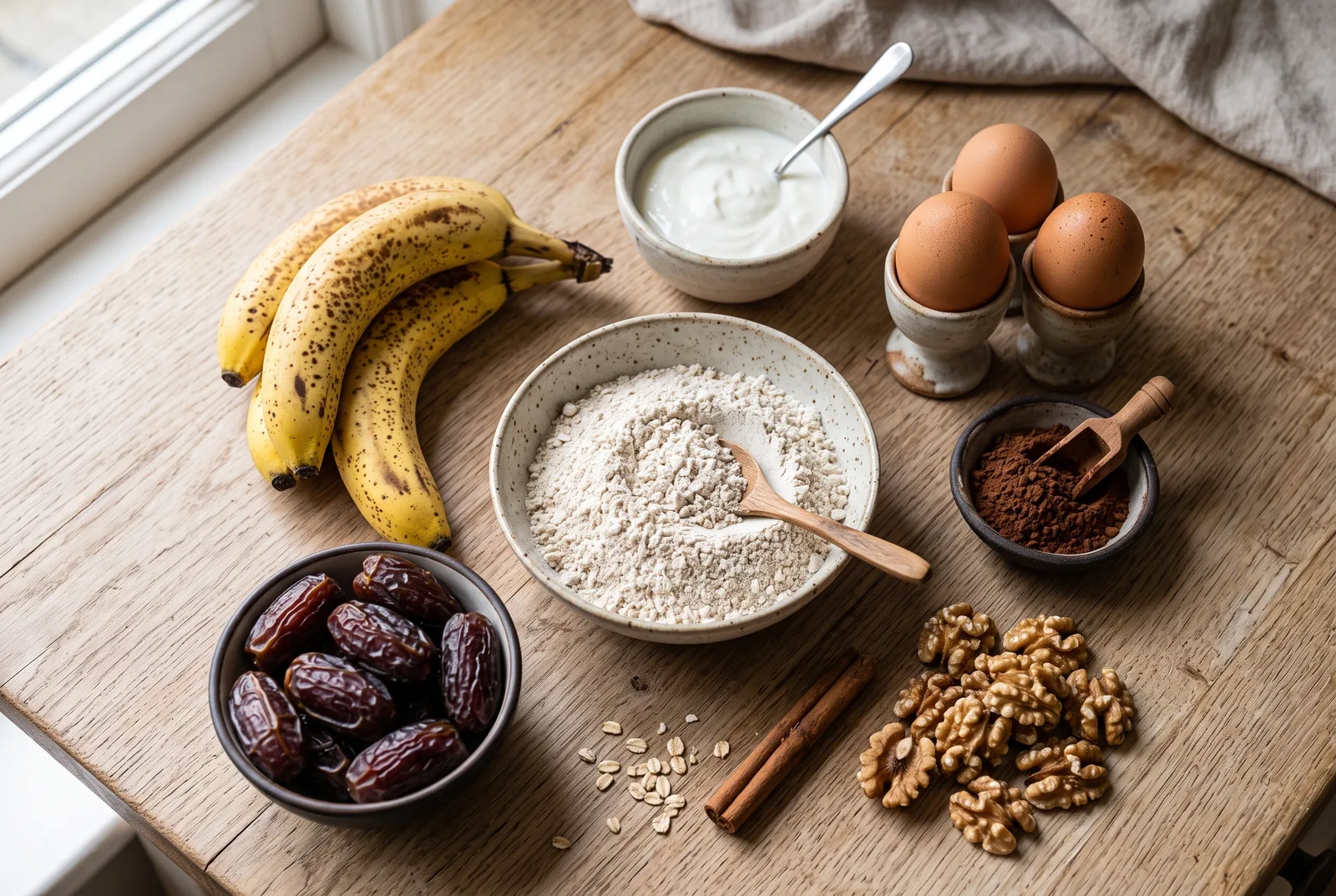 Ingredientes para queque fitness sobre la mesada: harina de avena, bananos maduros, yogur griego, huevos y canela