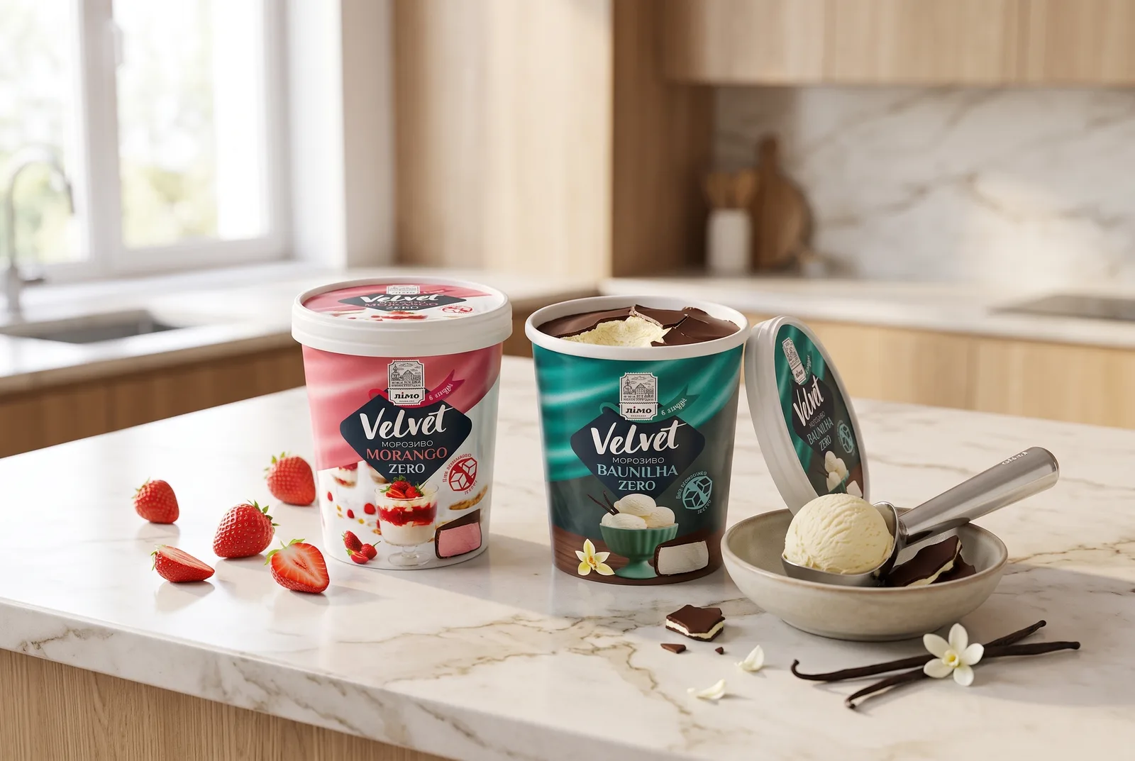 Potes de helado Gelimo Velvet Morango Zero y Velvet Baunilha Zero, de la línea sin azúcar añadida