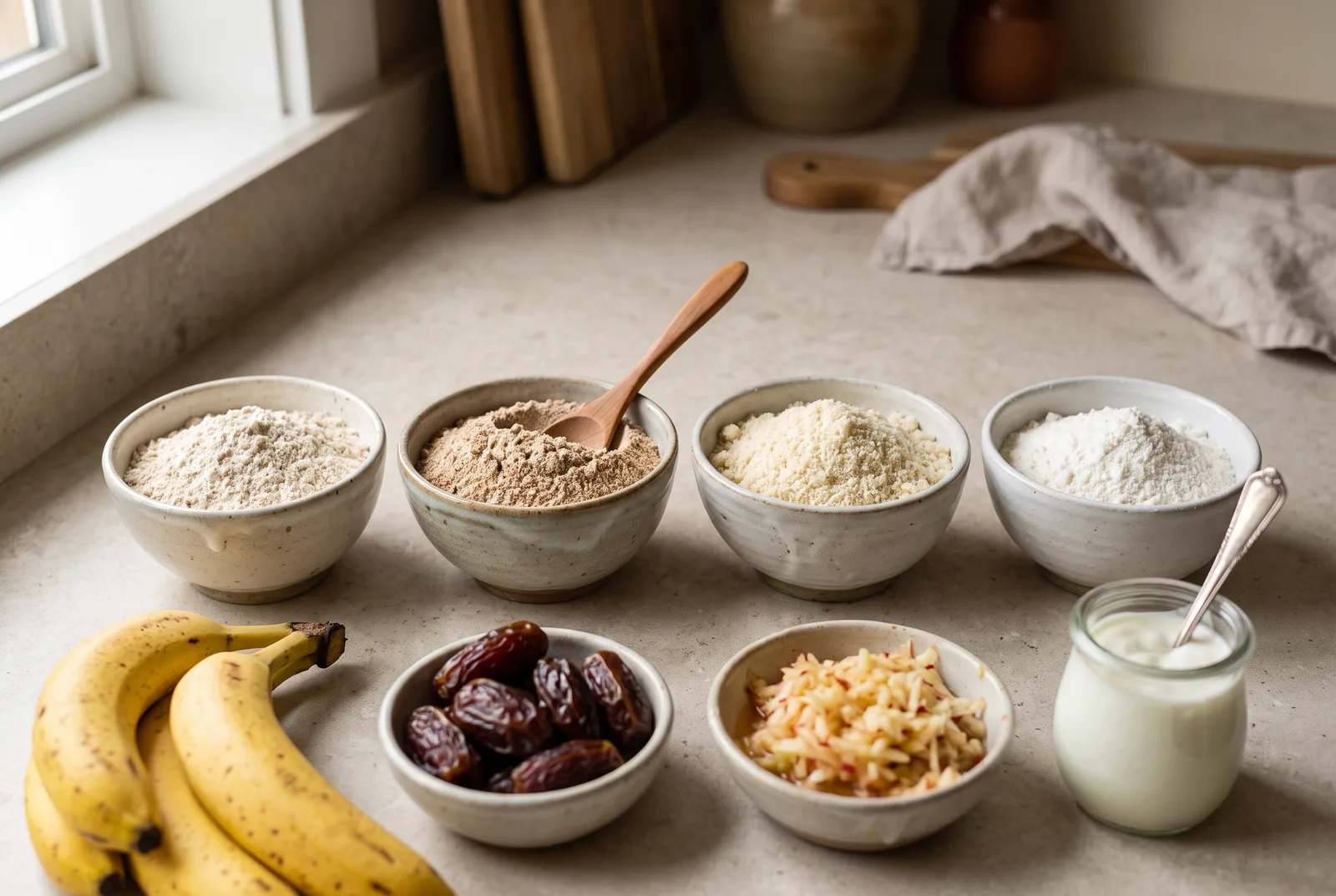 Harinas, frutas y yogur organizados sobre la mesa como cambios inteligentes para un queque más liviano