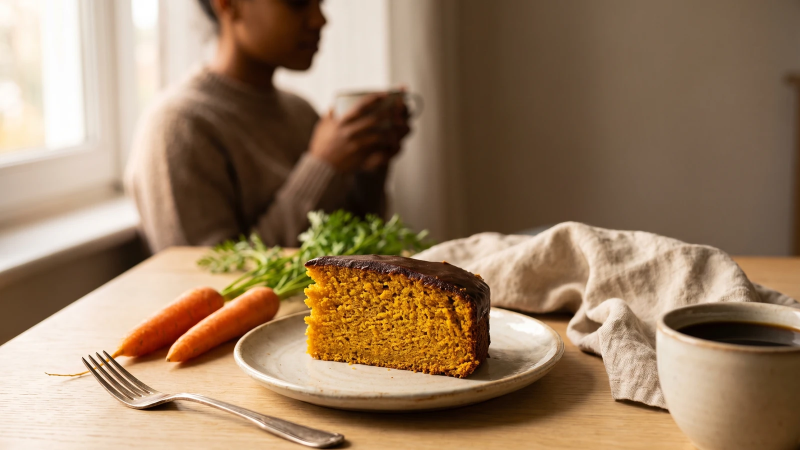 Rebanada de queque de zanahoria saludable servida en un plato, acompañada de zanahorias frescas y café.