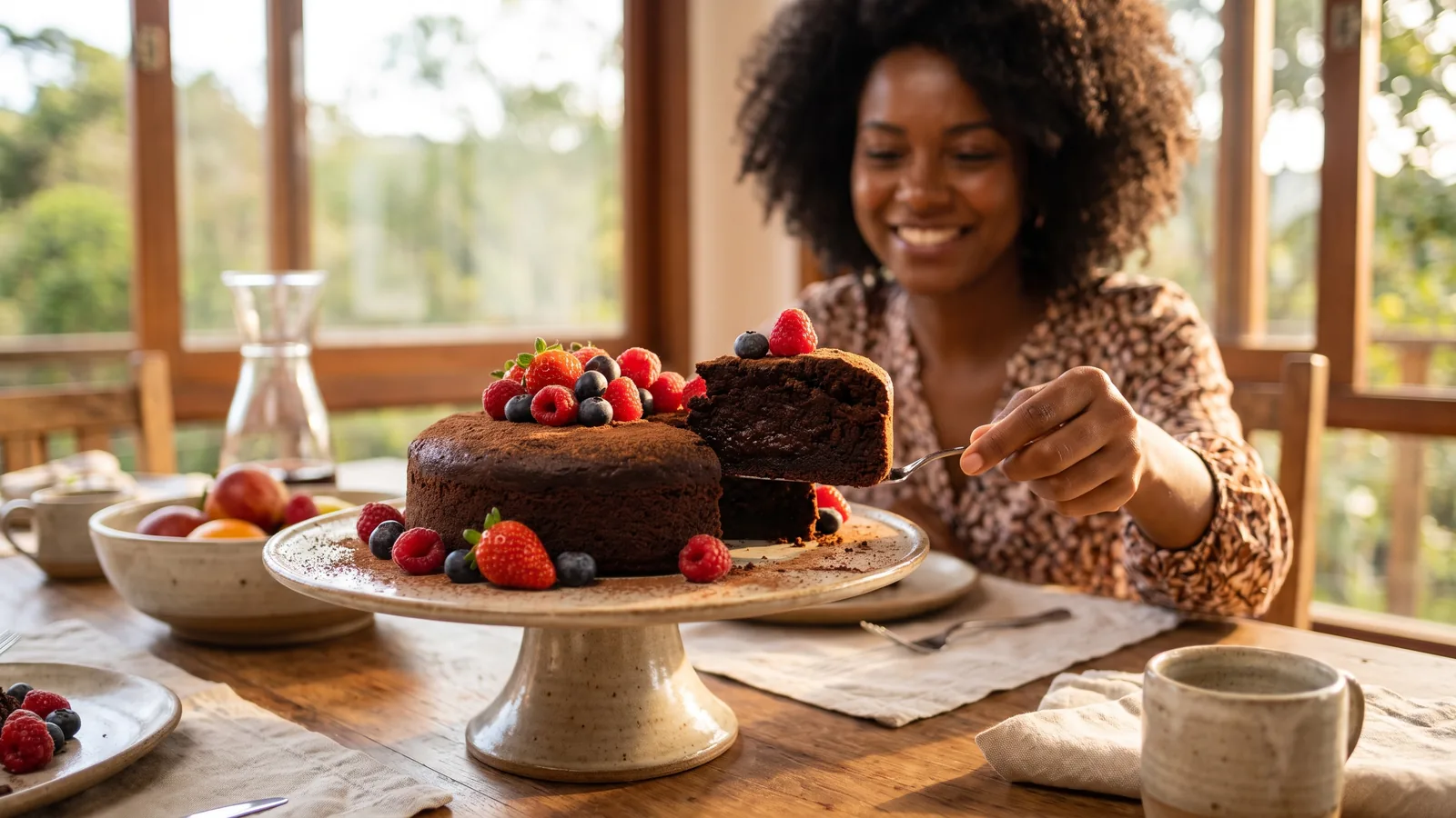 Queque de chocolate saludable con cacao, textura suave y frutos rojos frescos por encima.