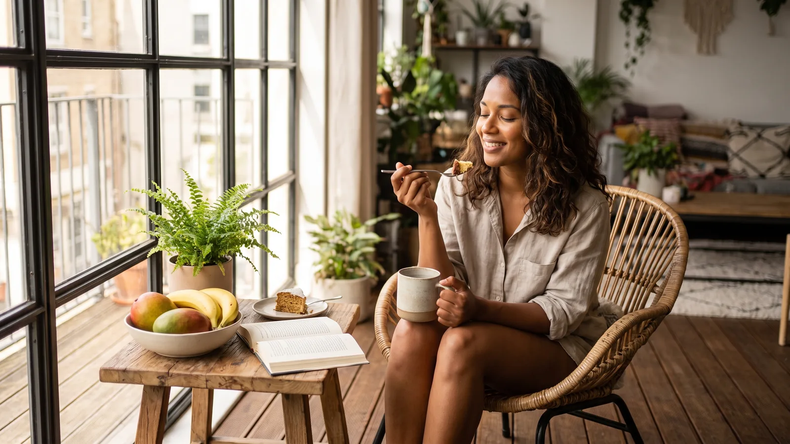 Mujer brasileña tomando café y disfrutando una pequeña rebanada de queque en un momento tranquilo del día.