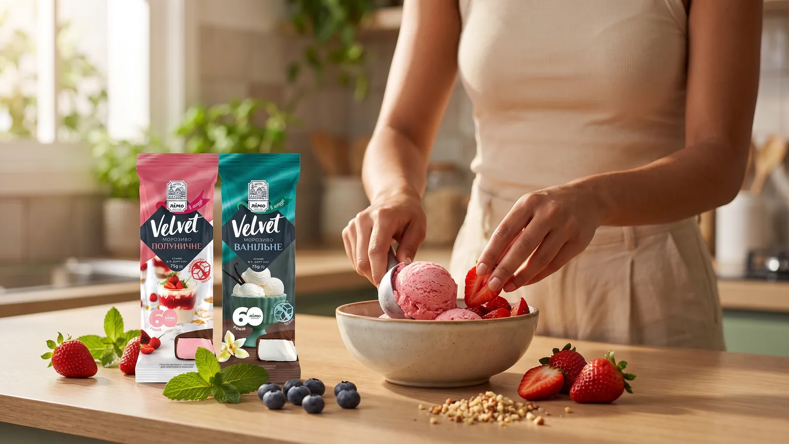 Postre con Gelimo Velvet Morango Zero y Baunilha Zero, frutas frescas, hierbabuena y nueces.