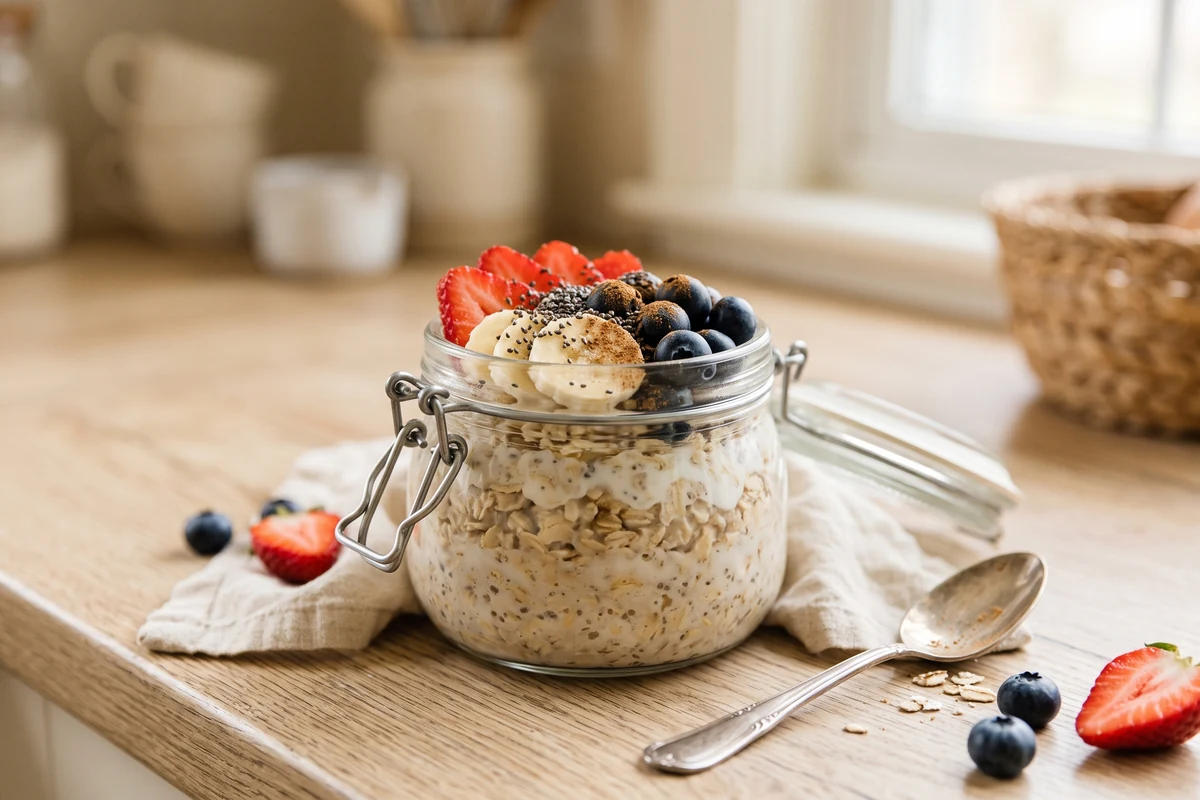 Avena de un día para el otro en frasco de vidrio con frutas, chía y canela para un desayuno equilibrado