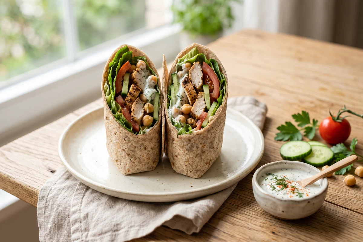 Wrap integral con pollo o garbanzos, hojas verdes, tomate, pepino y salsa de yogur