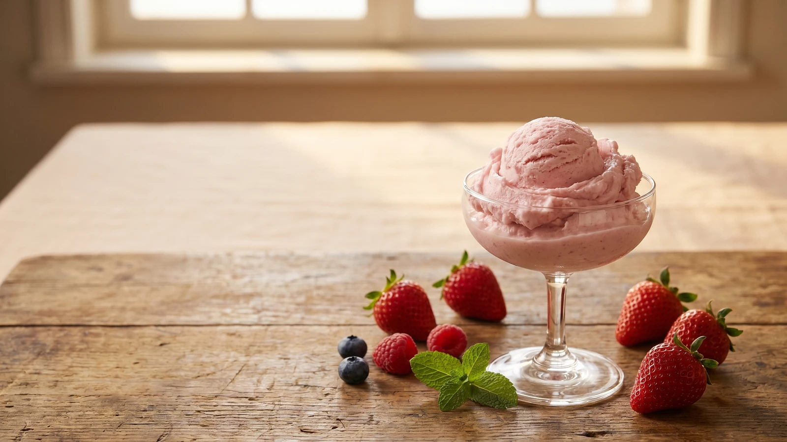 Helado sin azúcar de fresa en copa de vidrio con frutas frescas alrededor