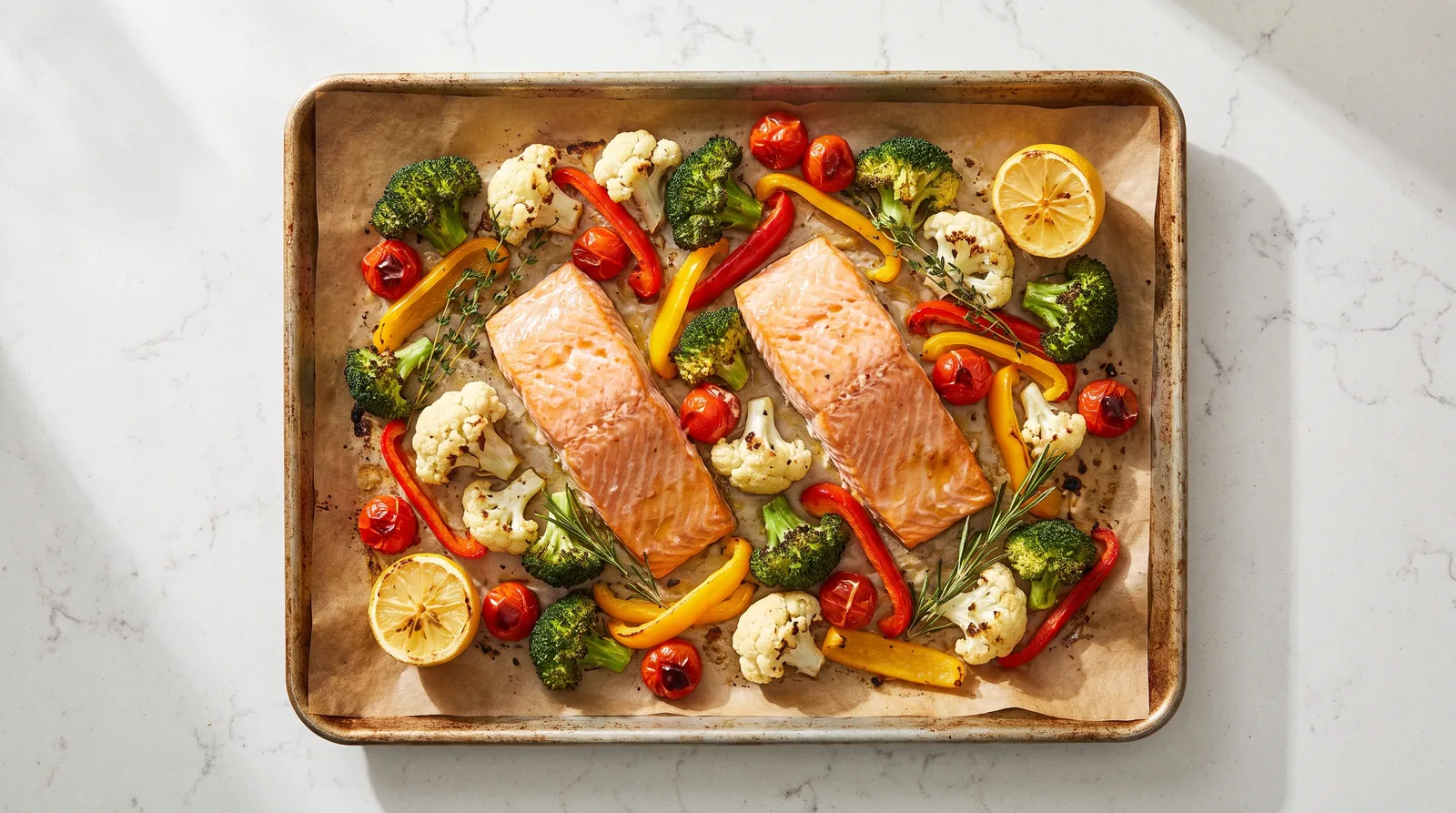 Salmón horneado con vegetales coloridos preparado en una sola bandeja.