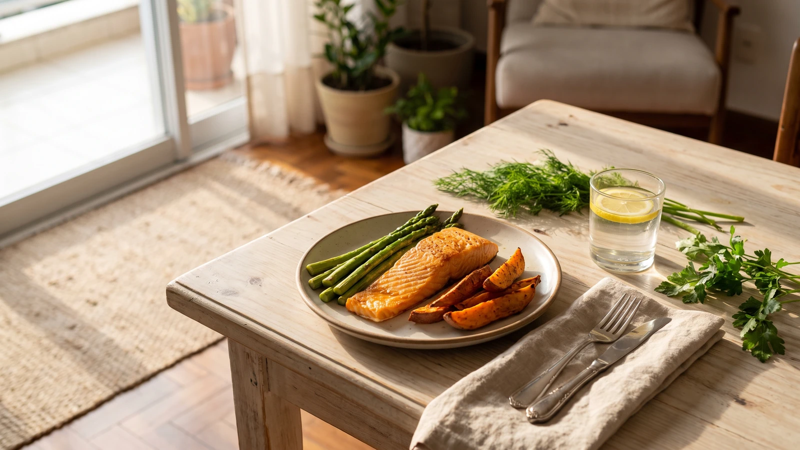 Plato de cena saludable con salmón al horno, espárragos y camote
