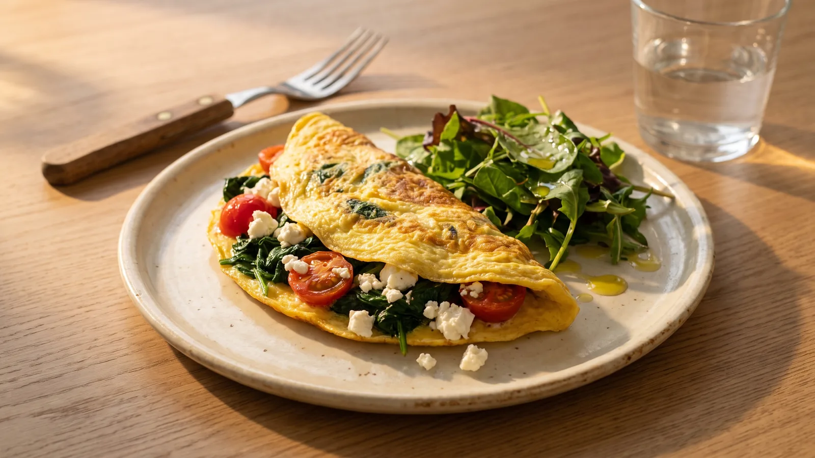 Omelette con espinaca, queso feta y tomate cherry