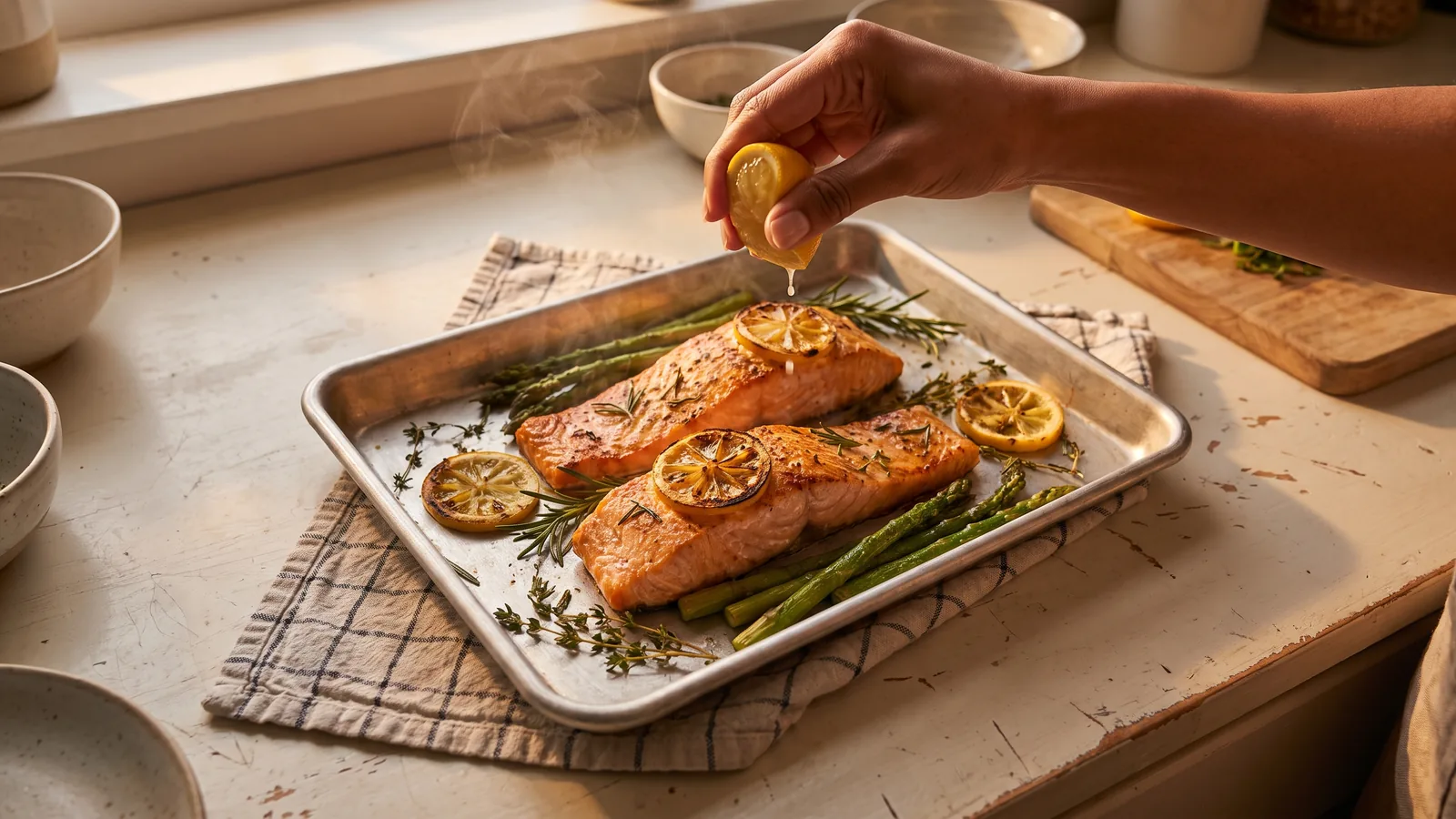 Salmón al horno con espárragos, limón y hierbas para la cena
