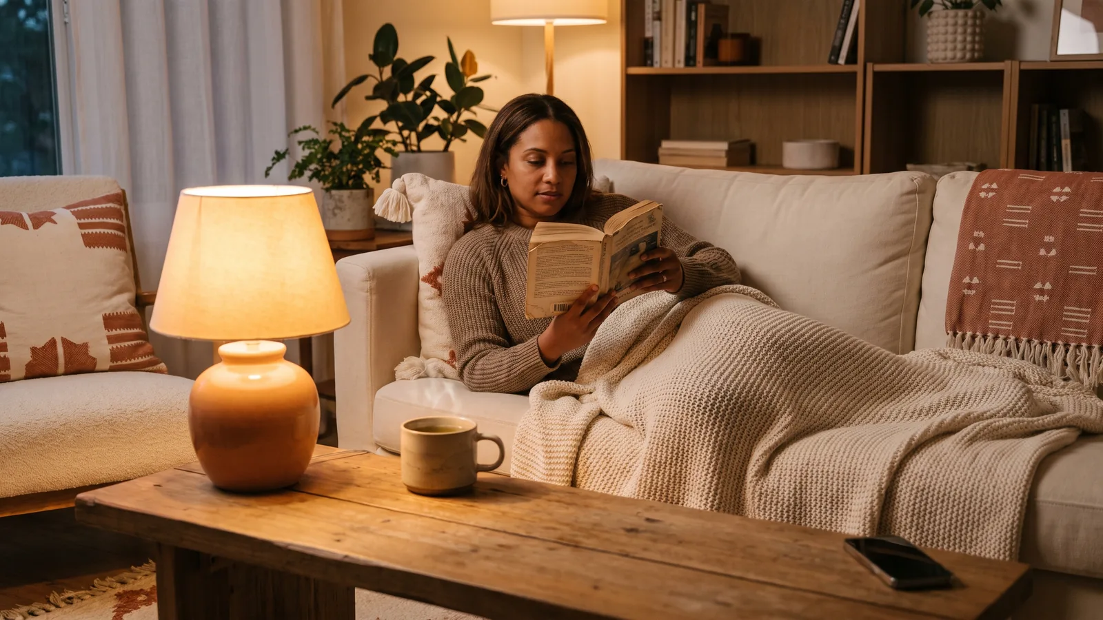 Ritual nocturno tranquilo con libro y bebida caliente para relajarse antes de dormir