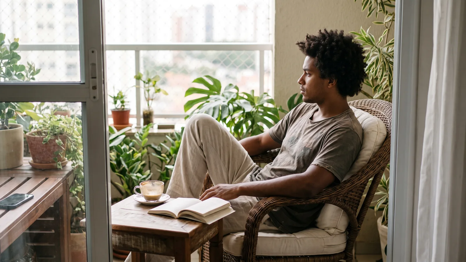 Hombre descansando en el balcón de su casa, con plantas, luz suave y una taza de café, con el celular a un lado
