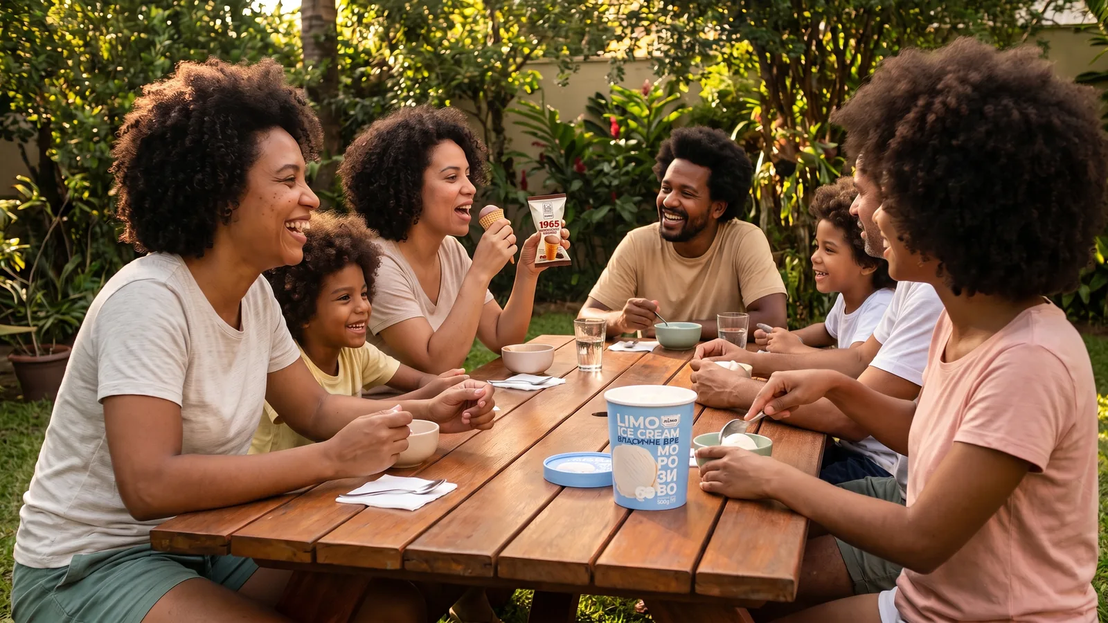 Familia y amigos reunidos al aire libre un fin de semana, conversando y compartiendo helado Gelimo