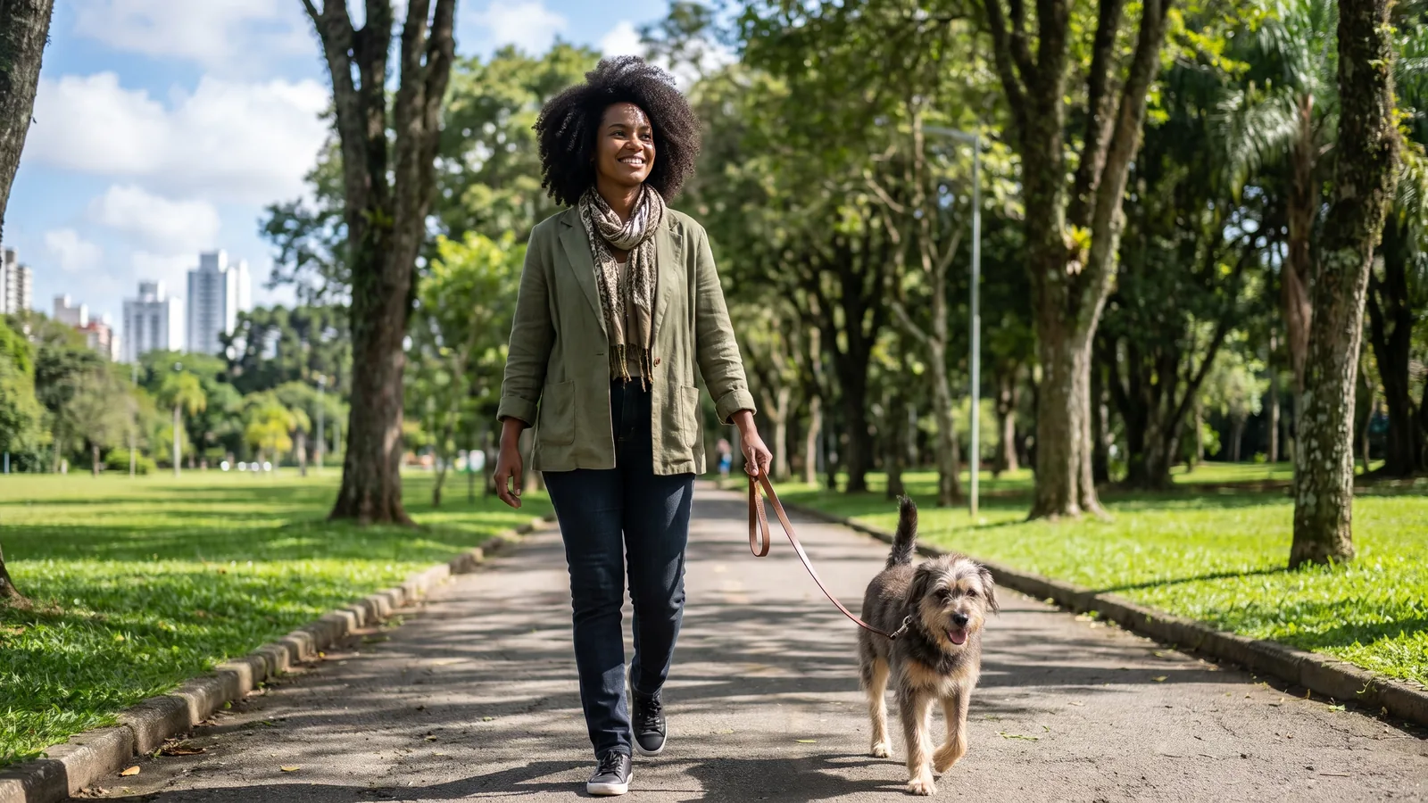 Mujer caminando con su perro por una zona verde de la ciudad, con ropa de todos los días y paso tranquilo