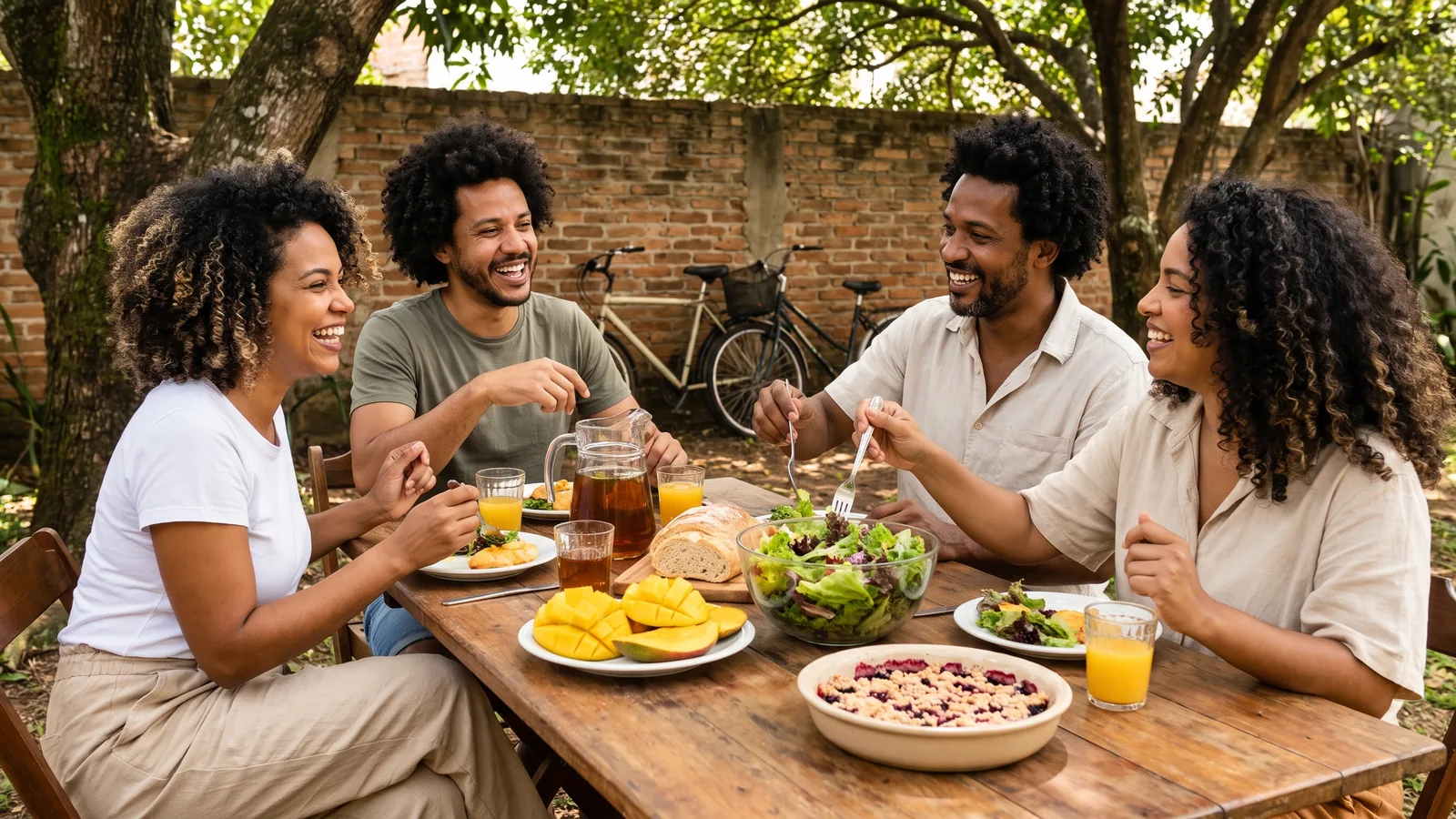 Grupo de amigos de cuerpos distintos sentados a la mesa al aire libre, con frutas, ensalada, pan y bebidas, conversando y riendo