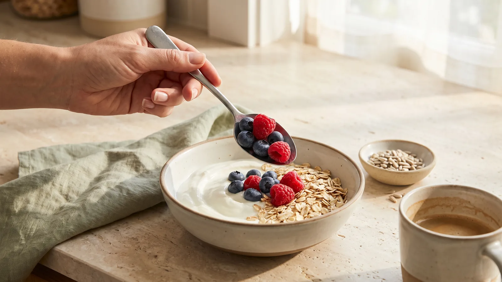 Mano agregando frutos rojos frescos a un pote de yogur en el desayuno