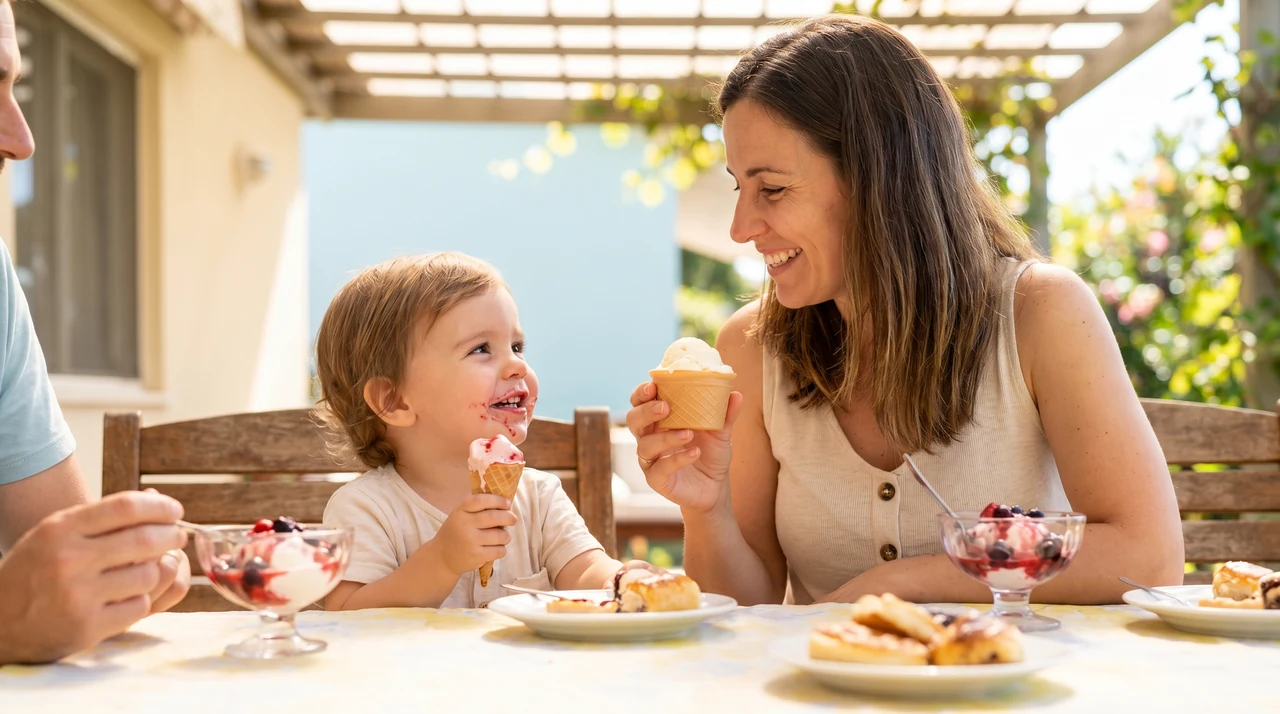 Familia eligiendo helado en barquillo y en vasito en un momento Gelimo