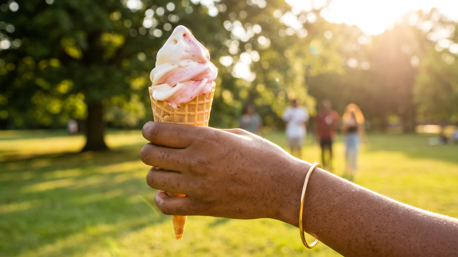 Persona negra sosteniendo un helado durante un paseo en el parque, como parte de un estilo de vida saludable y equilibrado.