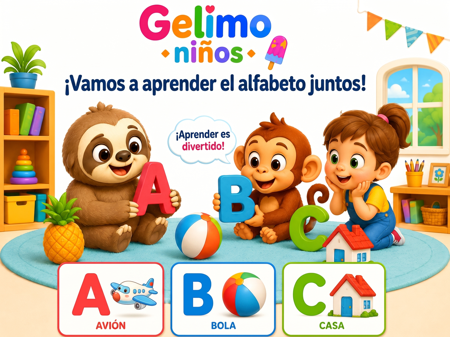 Niño aprendiendo el alfabeto en español con mascotas educativas y letras coloridas.