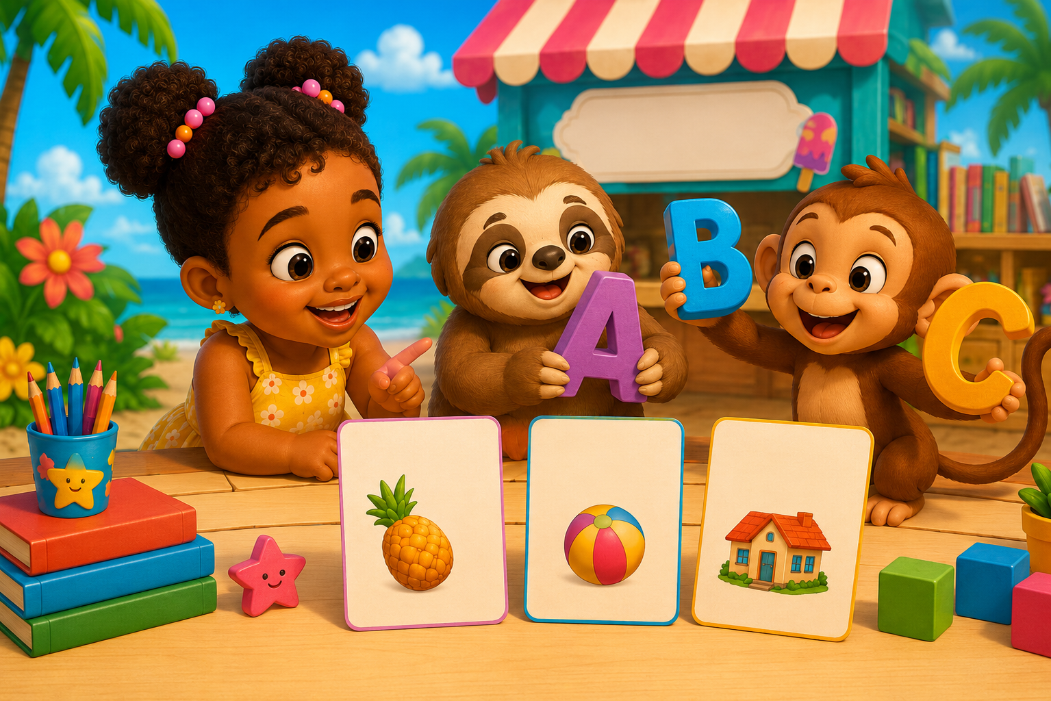 Abecedario para niños con juego educativo, letras coloridas y mascotas infantiles.