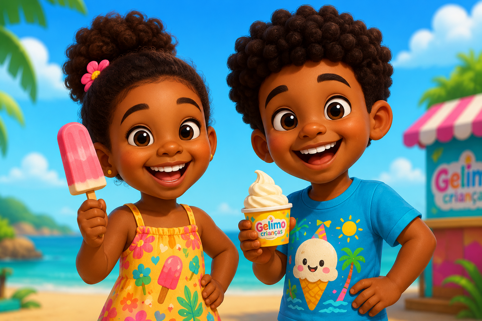 Niños felices con helado Gelimo en la playa - actividad educativa de números para niños de 2 a 5 años