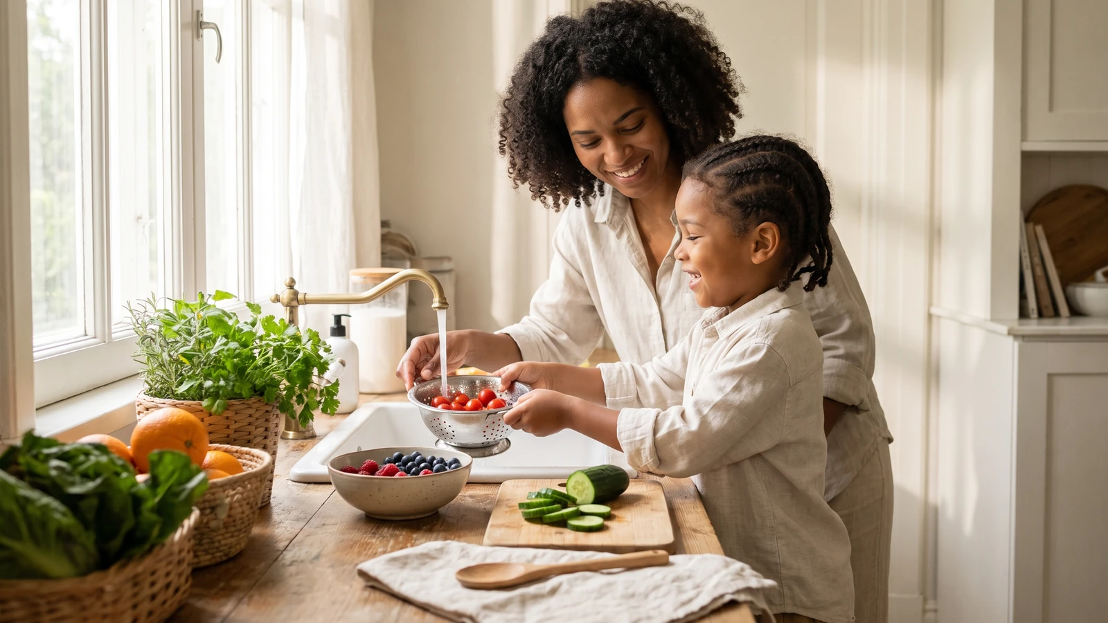 Criança preparando alimentos com um adulto em uma cozinha clara e acolhedora.